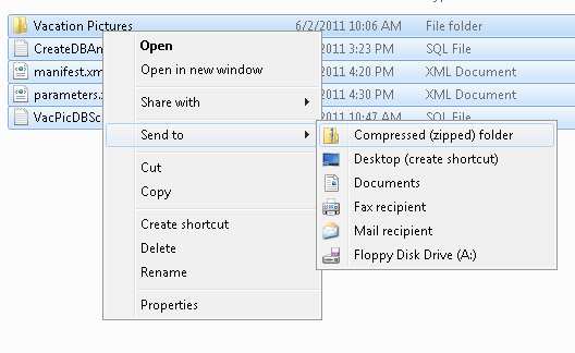 Screenshot shows the files right selected highlighting the Send to and Compressed folder options.