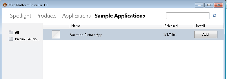 Screenshot shows the Web Platform Installer 3 point zero Sample Applications window highlighting Vacation Picture App.