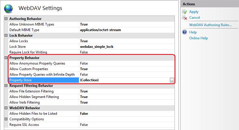 Screenshot of the Web DAV Settings page. The Property Behavior category is highlighted.