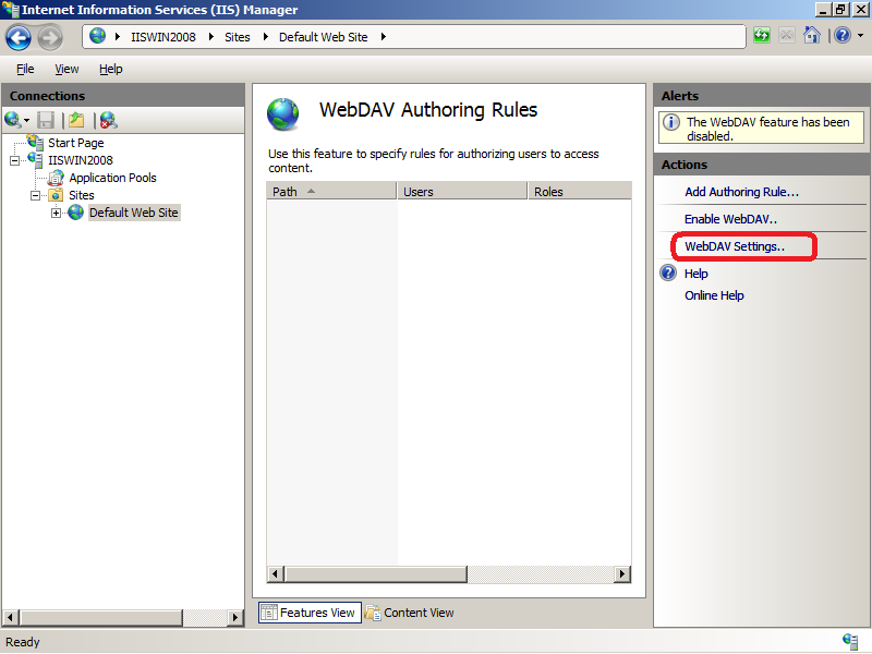 Screenshot of the Web DAV Authoring Rules page. In the Actions pane, Web DAV Settings is highlighted.