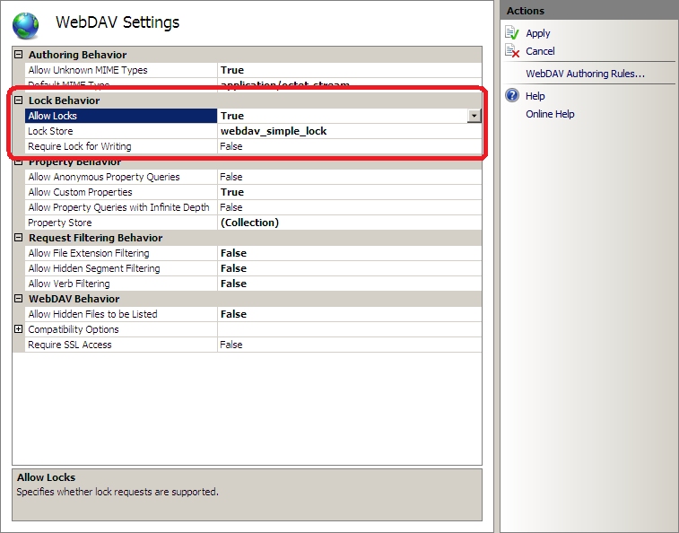 Screenshot of the Web D A V Settings page. The section of the page for Lock Behavior is circled.