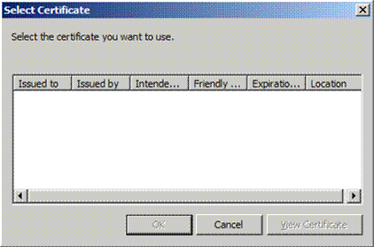 Screenshot of Select Certificate dialog box prompting you to select the certificate you want to use.