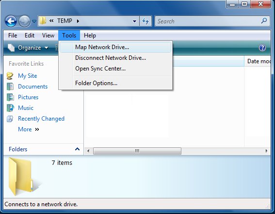 Screenshot of TEMP folder opened in Windows Explorer with Map Network Drive from Tools drop down list selected.