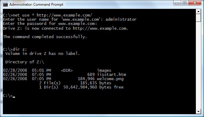Image of Command Prompt opened displaying the next available drive letter mapped to your web site.