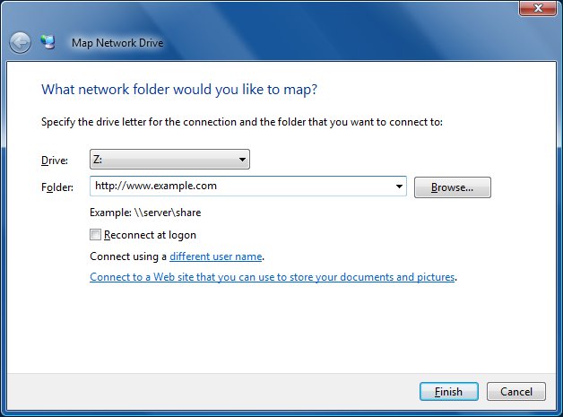 Image of Map Network Drive Wizard with U R L typed in folder field.