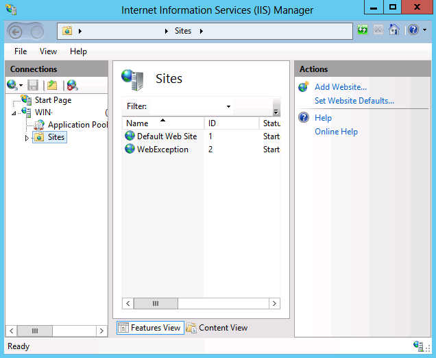 Screenshot of the I I S Manager window showing Sites in the main pane.
