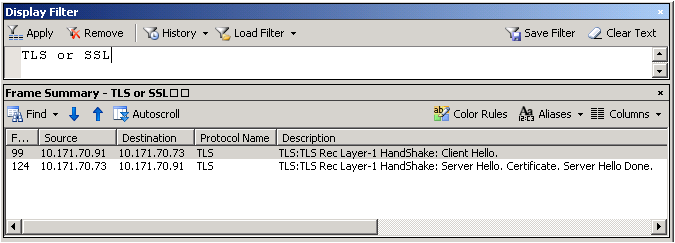 Screenshot of the Display Filter window showing the trace snapshot.