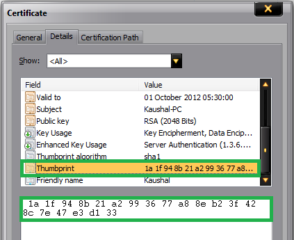 Screenshot of the Certificate dialog showing the Details tab. The thumbprint value is highlighted.