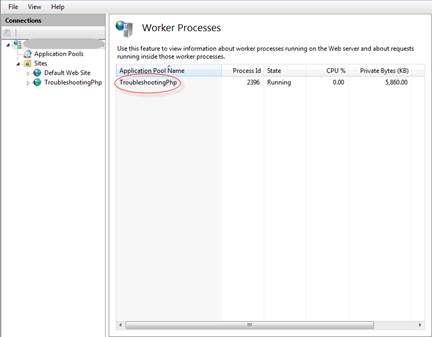 Screenshot of the Worker Processes screen with the Application Pool Name being highlighted.