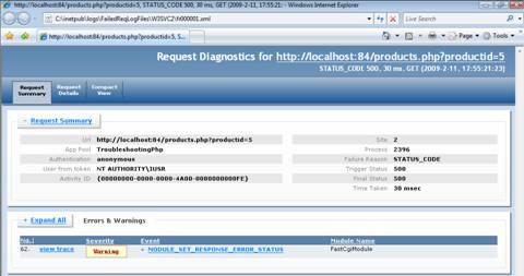 Screenshot of the Request Summary tab of the Request Diagnostics webpage.