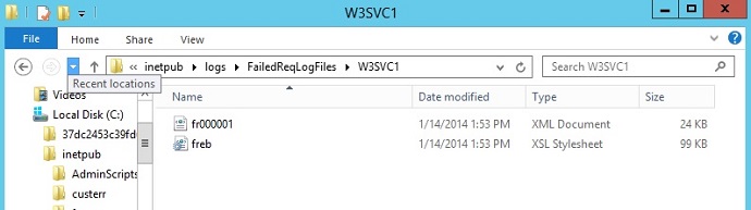 Screenshot of W 3 S V C 1 in failed Req Log Files directory.