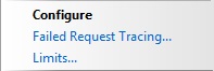Screenshot of Actions pane showing Failed Request Tracing option is highlighted under Configure tab.