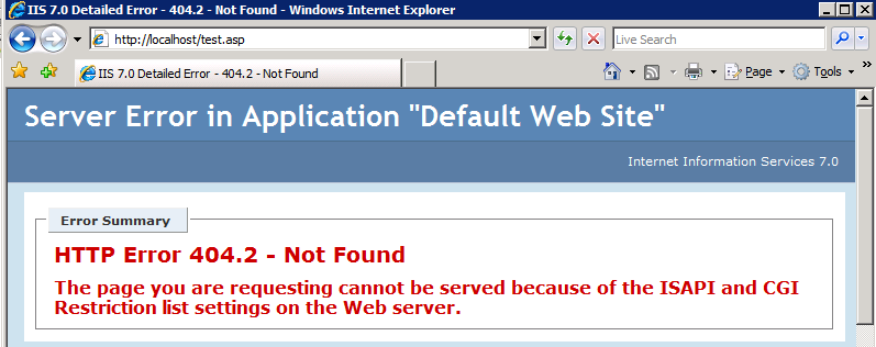 Screenshot that shows a web page titled Server Error in Application Default Web Site. Under Error Summary, it says H T T P Error 404 dot 2 Not Found.