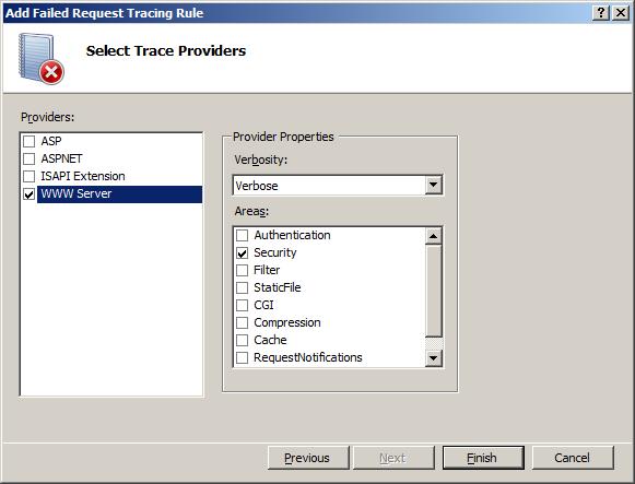 Screenshot that shows the Select Trace Providers page. W W W Server is selected under Providers, and Security is selected under Verbose.
