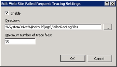 Screenshot of the Edit Web Site Failed Request Tracing Settings dialog.