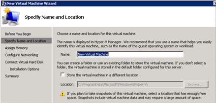 Screenshot of the New Virtual Machine Wizard. In the Name box the text New Virtual Machine is written and highlighted.