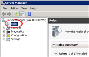 Screenshot of the Server Manager application. Under Server Manager WALTER O H P W S, Roles is highlighted and selected.