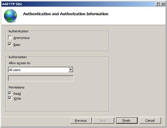 Screenshot of the Add F T P Site dialog with the specified Authentication and Authorization Information.