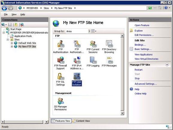 Screenshot of the My New F T P Site Home pane with F T P User Isolation selected.