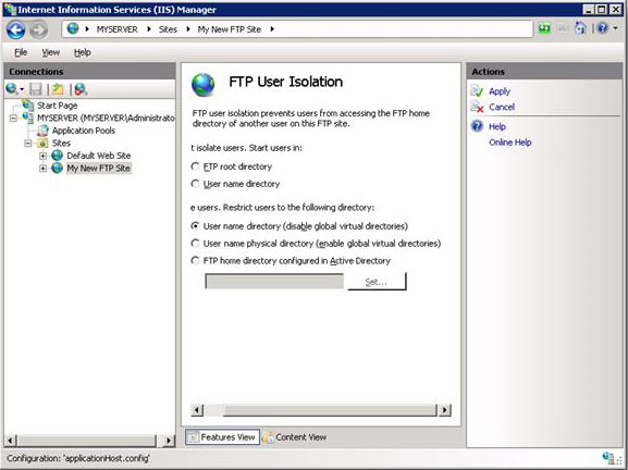 Screenshot of the F T P User Isolation pane with restricting users to the User name directory.