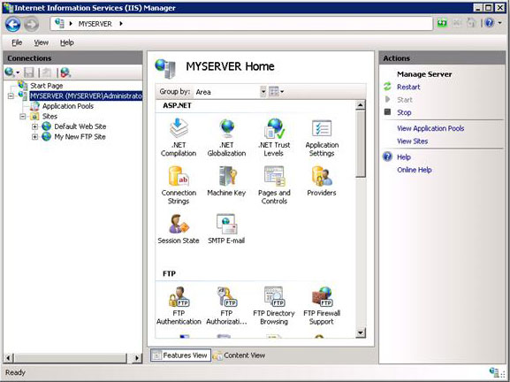 Screenshot of MY SERVER selected in the Connections pane with the MY SERVER Home pane displayed.