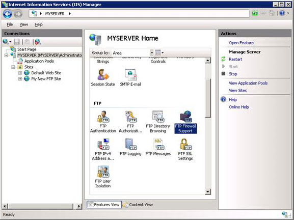 Screenshot of F T P Firewall Support selected in the MY SERVER Home pane.