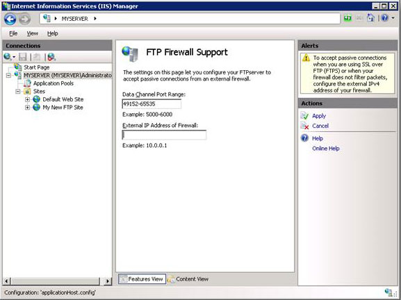 Screenshot of the Data Channel Port Range set to a value of 49152 dash 65535 in the F T P Firewall Support pane.