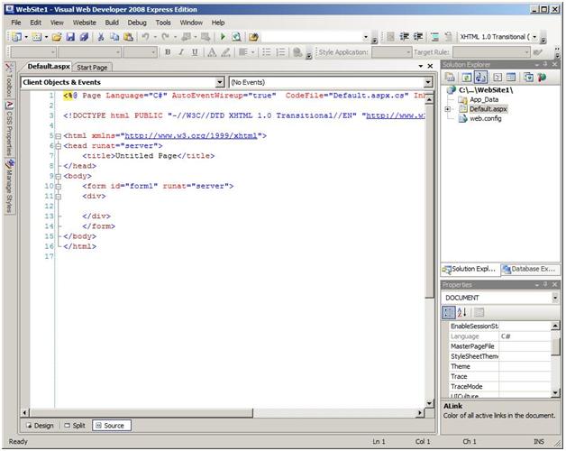 Screenshot of the H T M L code for Default dot a s p x in Visual Web Developer.