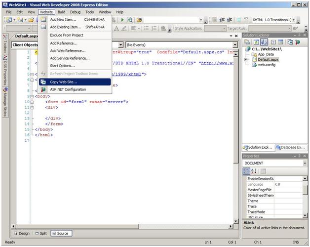 Screenshot of opening the Website option in the toolbar and selecting Copy Web Site.