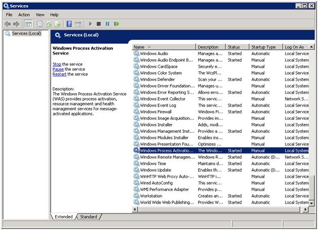 Screenshot of the Services console with Windows Process Activation Service selected.