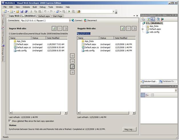 Screenshot after synchronization with copies of the synchronized files in the Remote Web site pane.