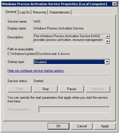 Screenshot of the Windows Process Activation Service Properties with Startup type set to Disabled.