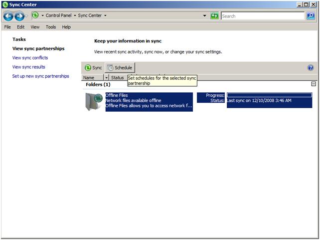 Screenshot of Sync Center page with Offline Files folder highlighted and Select Schedule option displayed.