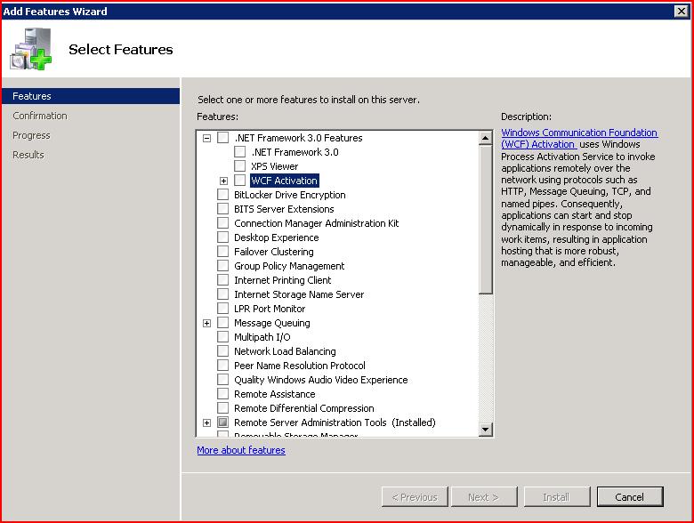 Screenshot that shows the Add Features Wizard dialog box. The Features tab is selected and W C F Activation is highlighted.