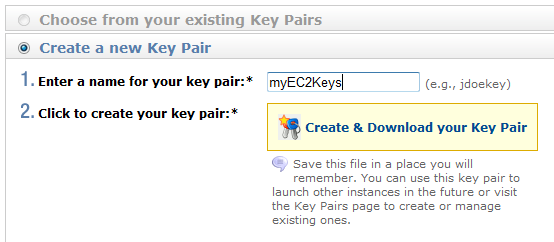 Screenshot that shows a selected radio button for Create a new Key Pair. In the Enter a name for your key pair field, my E C 2 Keys is entered.