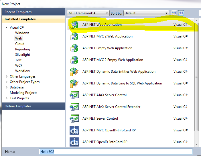 Screenshot that shows A S P dot NET Web application highlighted in the Templates list. Hello E C 2 is in the Name field.