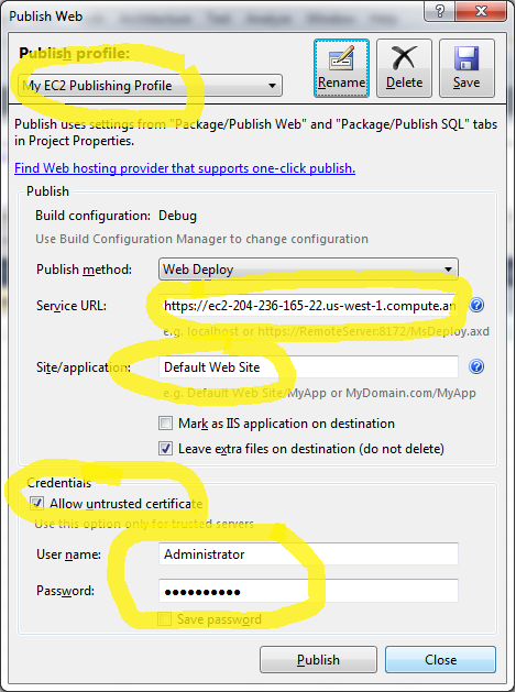 Screenshot that shows the Publish Web dialog box with multiple fields highlighted.