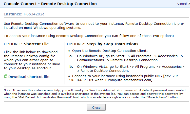 Screenshot that shows the Console Connect Remote Desktop Connection window. Download shortcut file is listed under Option 1.