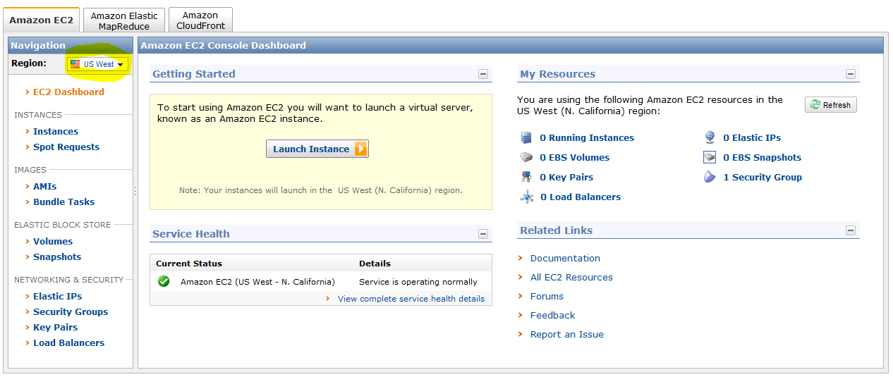 Screenshot of the E C 2 Management Console. The region drop down list is highlighted.