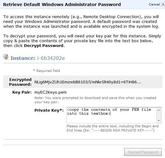 Screenshot of Retrieve Default Windows Administrator Password. The Instance number is shown at the top.