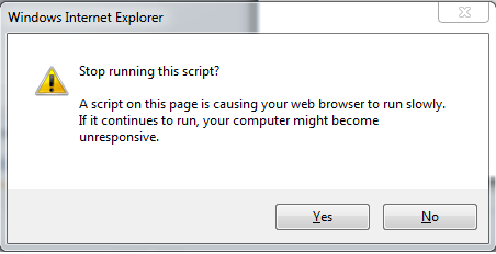 Screenshot of the Windows Internet Explorer dialog box. The text written says Stop running this script.