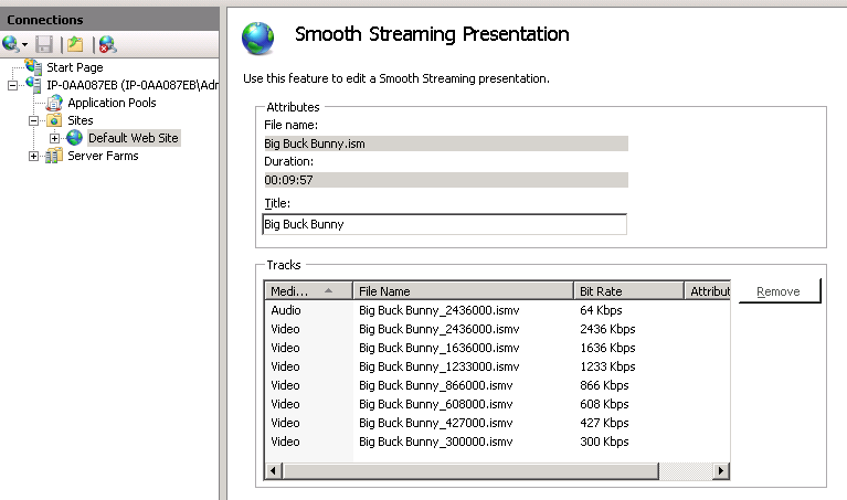 Screenshot of Smooth Streaming Presentation. In the Connections pane Default Web Site is highlighted.