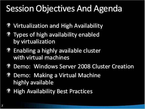 Screenshot of the Session Objectives and Agenda for Hyper V High Availability.