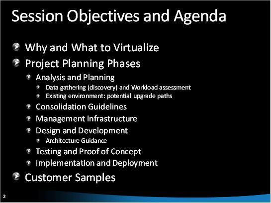 Screenshot displaying the Planning for Hyper V Session Objectives and Agenda outline.