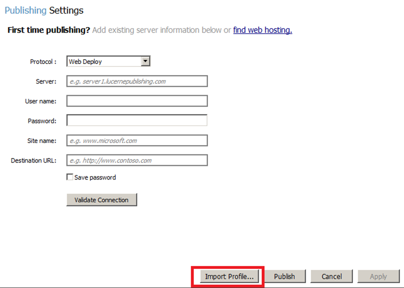 Screenshot of the Publishing Settings page. The Import Profile button is highlighted.