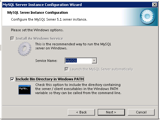 Image of My S Q L Instance Configuration Wizard displaying My S Q L typed in the Service Name box and Include Bin Directory in Windows Path checked.
