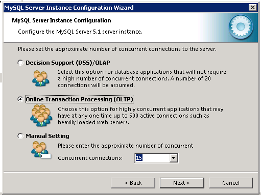 Screenshot of My S Q L Server Instance Configuration Wizard with online Transaction Processing O L T P selected.