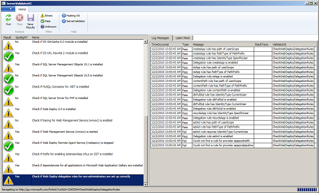 Screenshot that shows the Server Validator U I window.