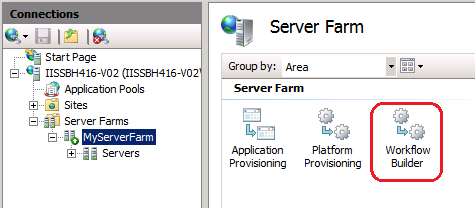 Screenshot of the Server Farm pane with the Workflow Builder option emphasized.