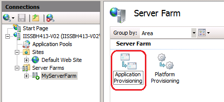 Screenshot of the Server Farm page within I I S Manager. The Application Provisioning icon is circled.